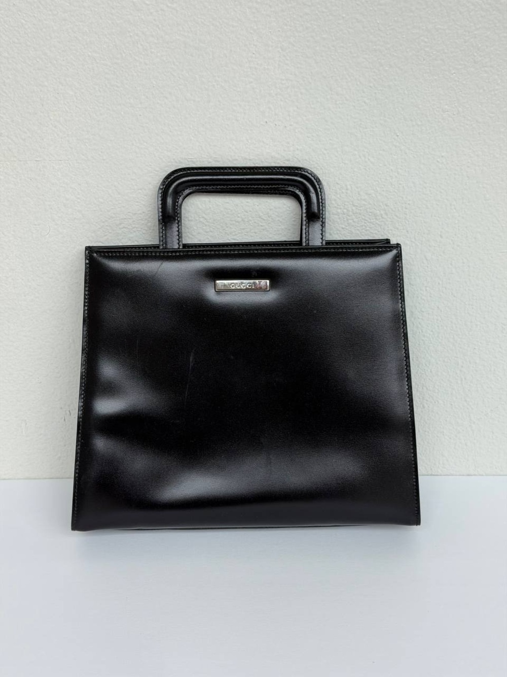 Vintage Gucci Black Leather Structured Top Handle Tote Bag